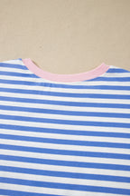 Sky Blue Stripe Contrast Trim Crew Neck Tee Knot Shorts 2pcs Set