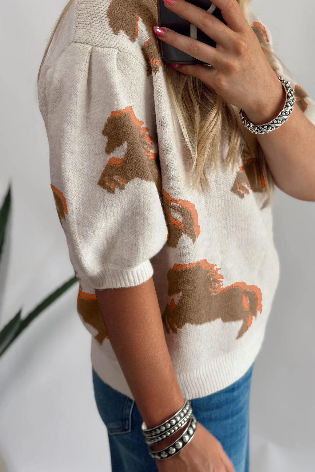 White Western Horse Printed Short Puff Sleeve Sweater