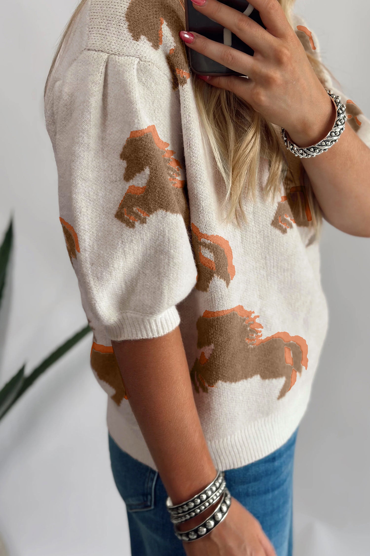 White Western Horse Printed Short Puff Sleeve Sweater