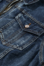Dark Blue Fake Two-Piece Hooded Zip-Up Denim Jacket