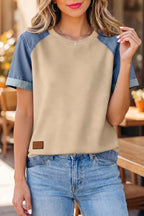 Beige Denim Color Block Patchwork Round Neck Tee