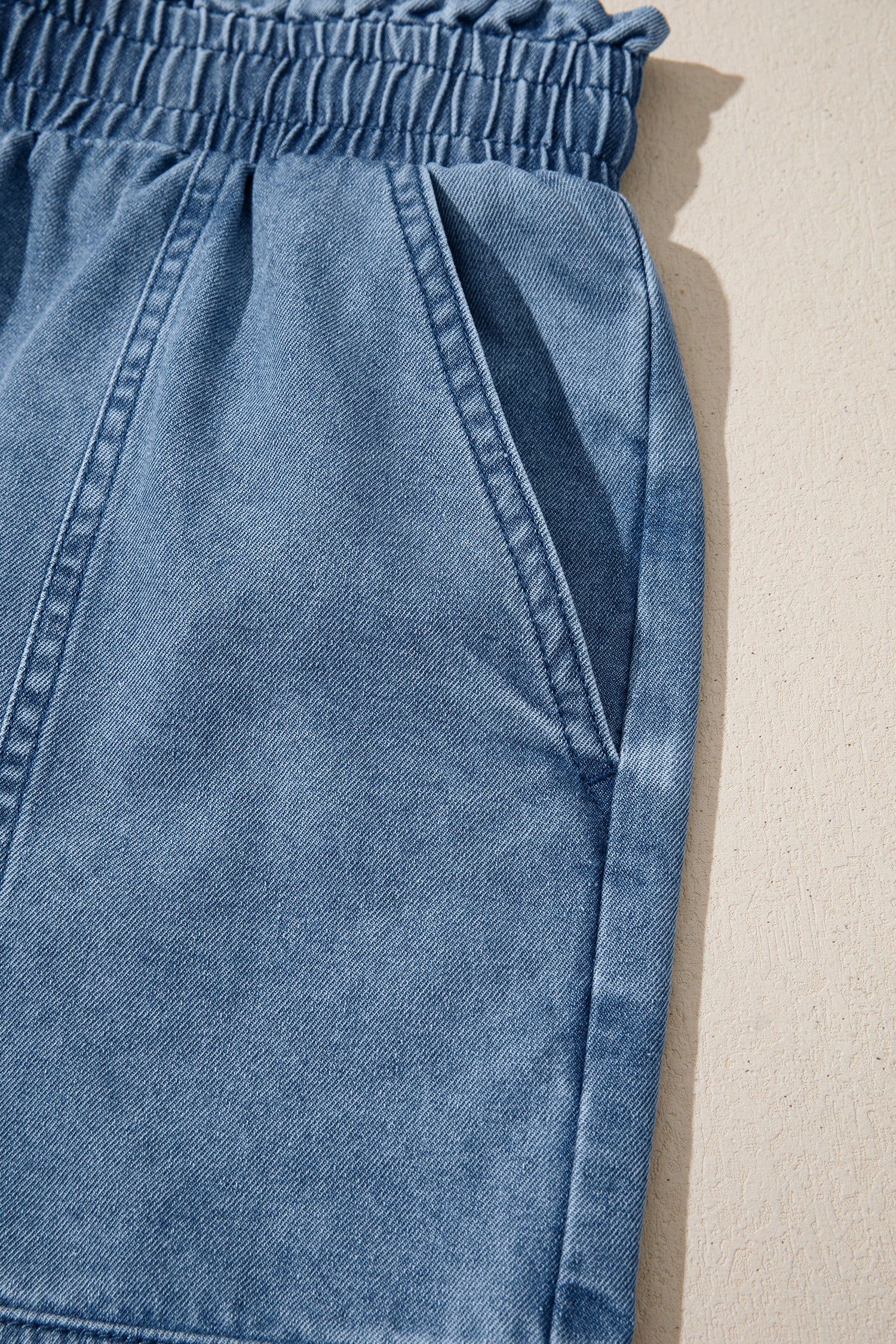 Dusk Blue Smocked Elastic Waist Denim Shorts