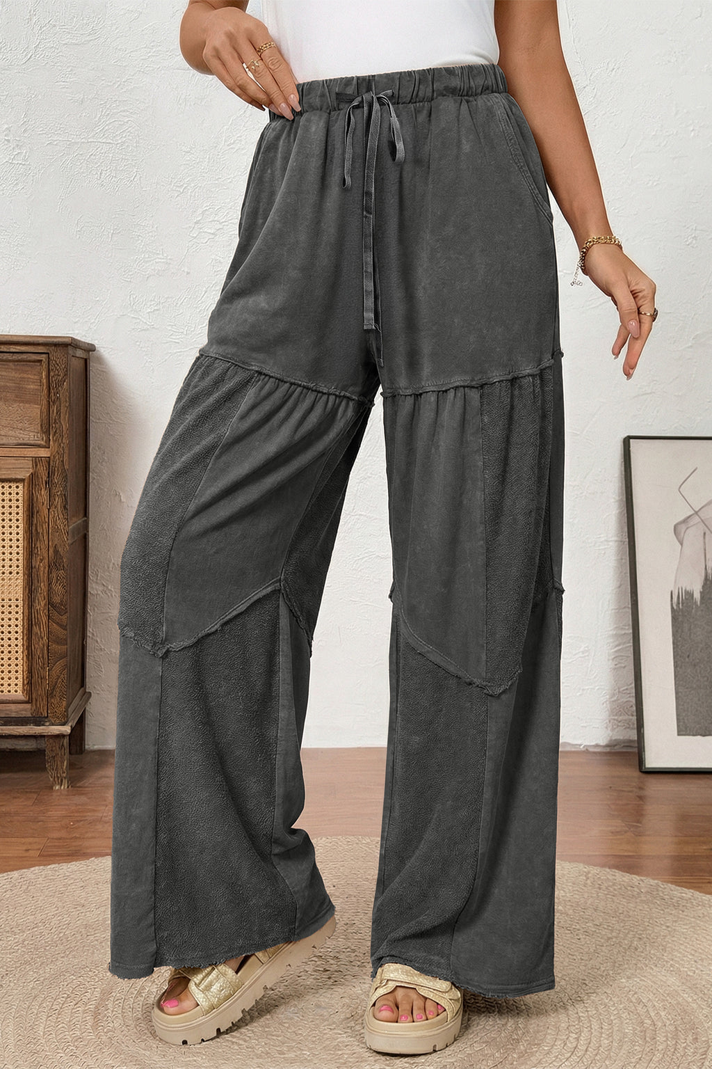 Black Mineral Wash Tiered Wide Leg Patchwork Drawstring Pants