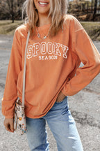 Orange SPOOKY SEASON Embroidered Letter Graphic Twisted Ribbed Sweatshirt