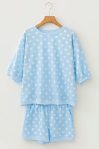 Sky Blue Polka Dot Oversized Top Drawstring Short Set