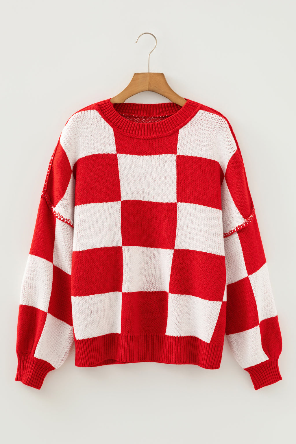 Khaki Checkered Bishop Sleeve Sweater