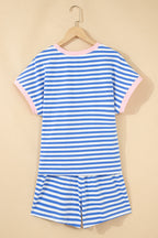 Sky Blue Stripe Contrast Trim Crew Neck Tee Knot Shorts 2pcs Set