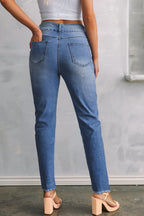 Sky Blue Double Button Raw Hem Slim Fit Jeans