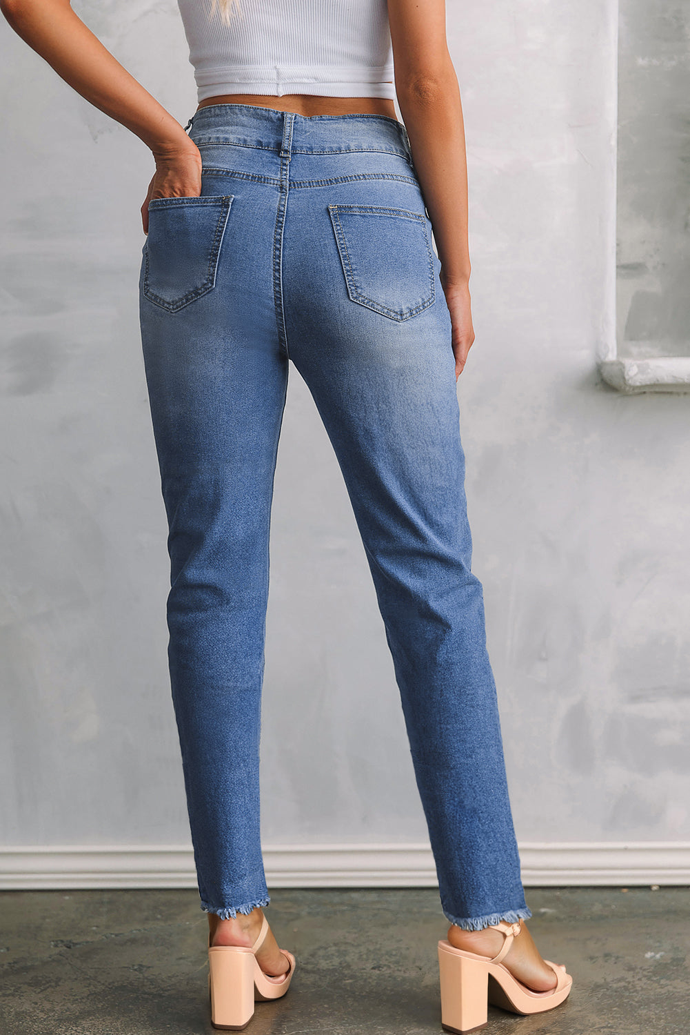 Sky Blue Double Button Raw Hem Slim Fit Jeans
