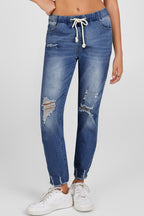 Dark Blue Elastic Waist Straight Leg Destroyed Raw Hem Jeans