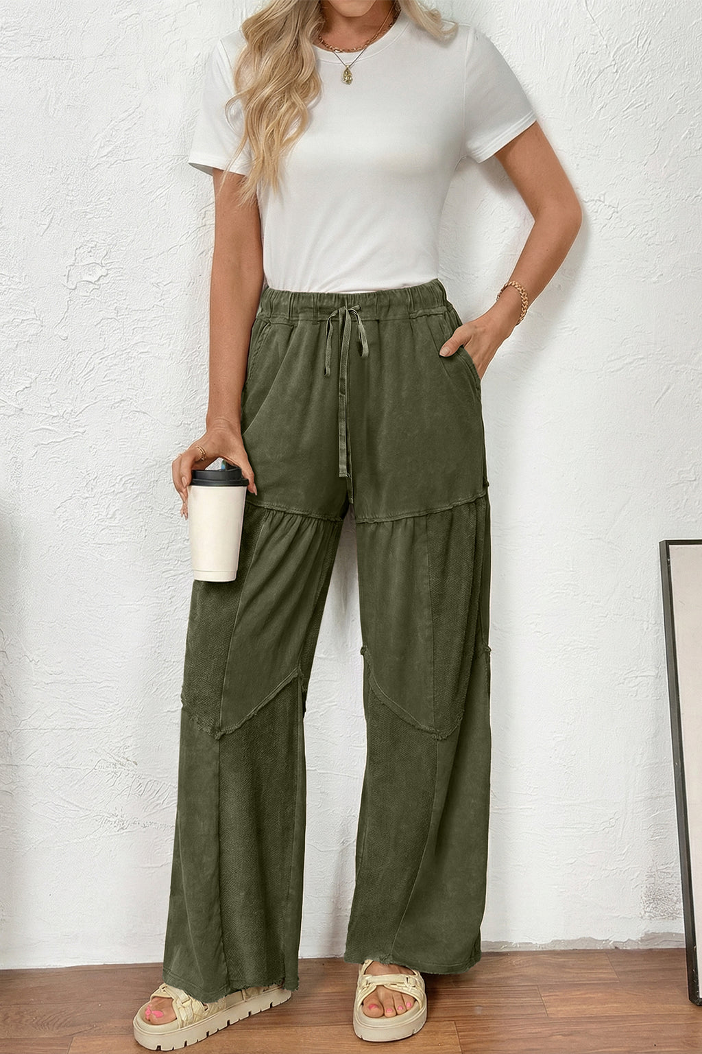 Black Mineral Wash Tiered Wide Leg Patchwork Drawstring Pants