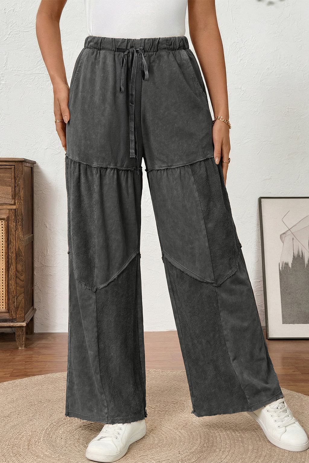Black Mineral Wash Tiered Wide Leg Patchwork Drawstring Pants