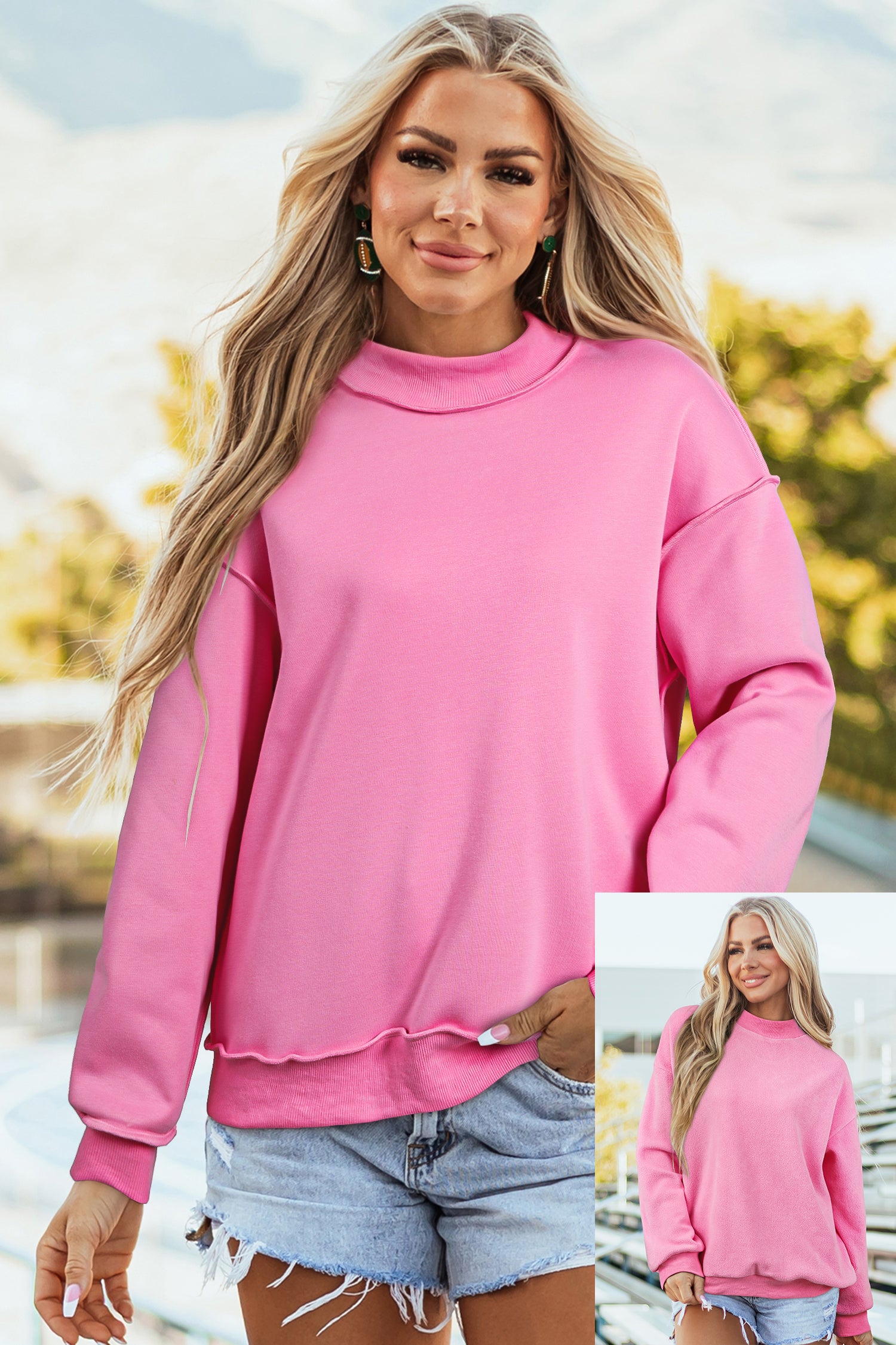 Light Pink Oversize Drop Shoulder Reversible Mock Neck Sweatshirt