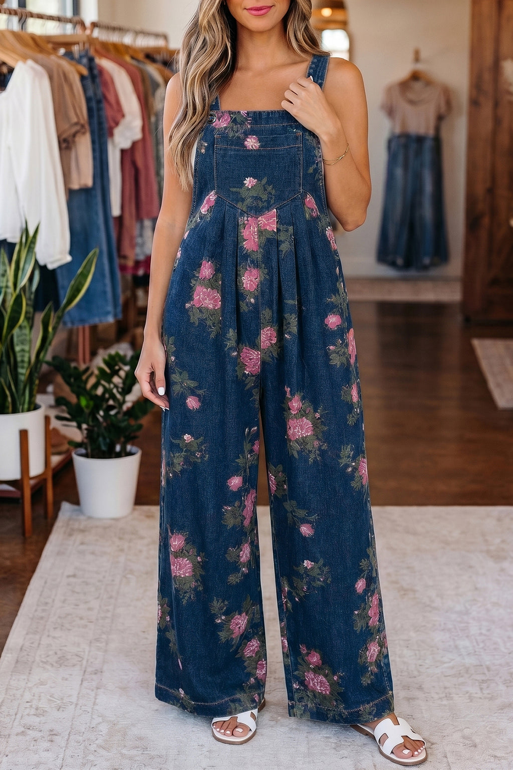 Beau Blue Floral Print Pleated High Waist Wide Leg Denim Jumpsuit