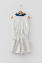 Light Grey Denim Patchwork Polo Collar Elastic Waist Sleeveless Romper