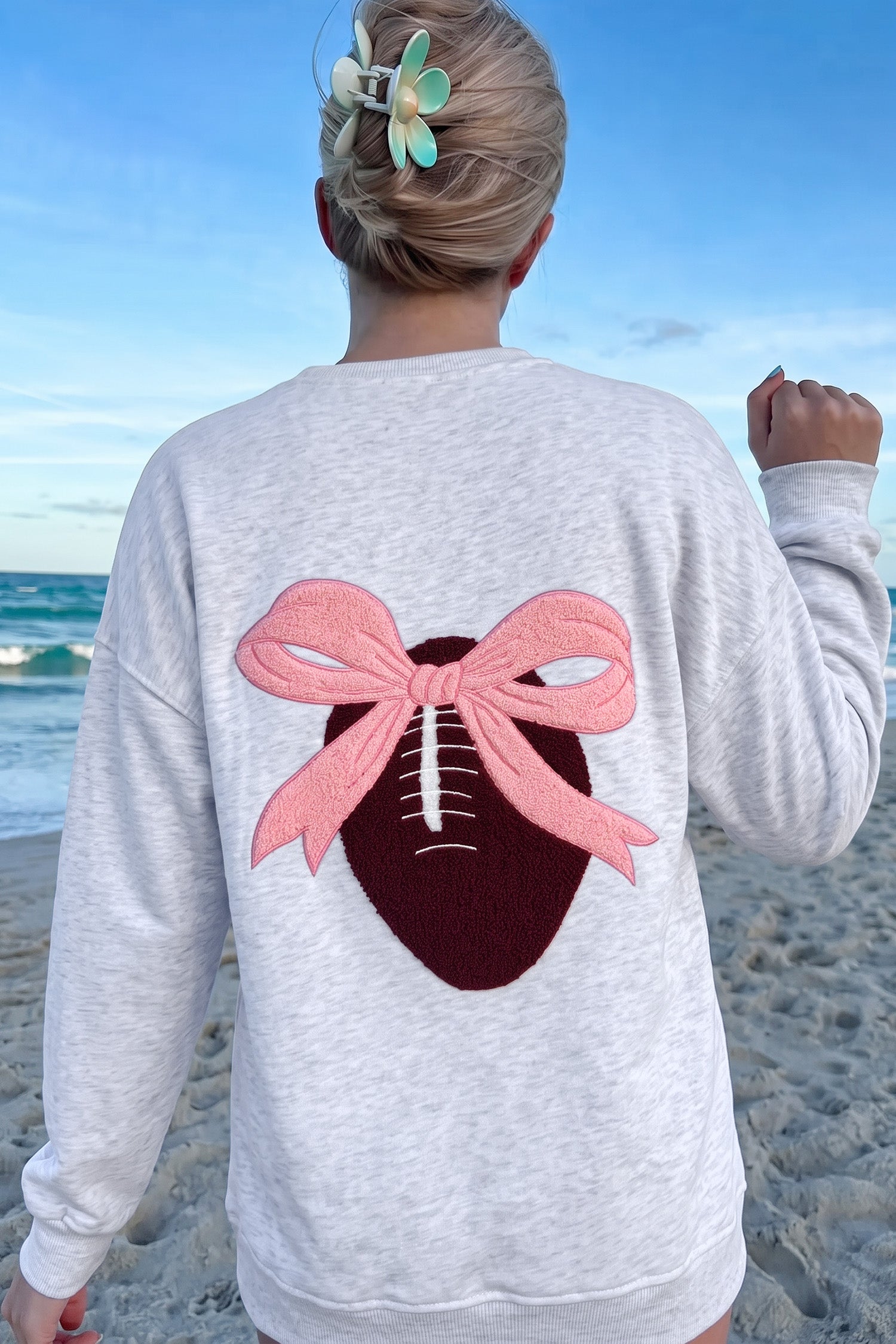 Light Grey Embroidered Football Bow Back Long Sleeve Sweatshirt