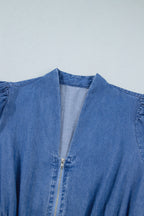 Blue V Neck Shirred Waist Metal Zipper Denim Midi Dress