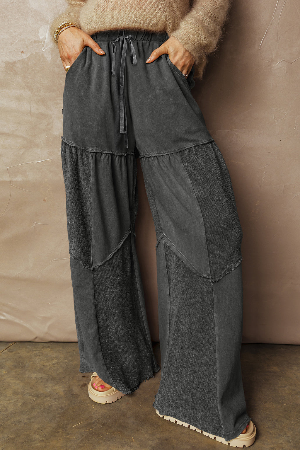 Black Mineral Wash Tiered Wide Leg Patchwork Drawstring Pants