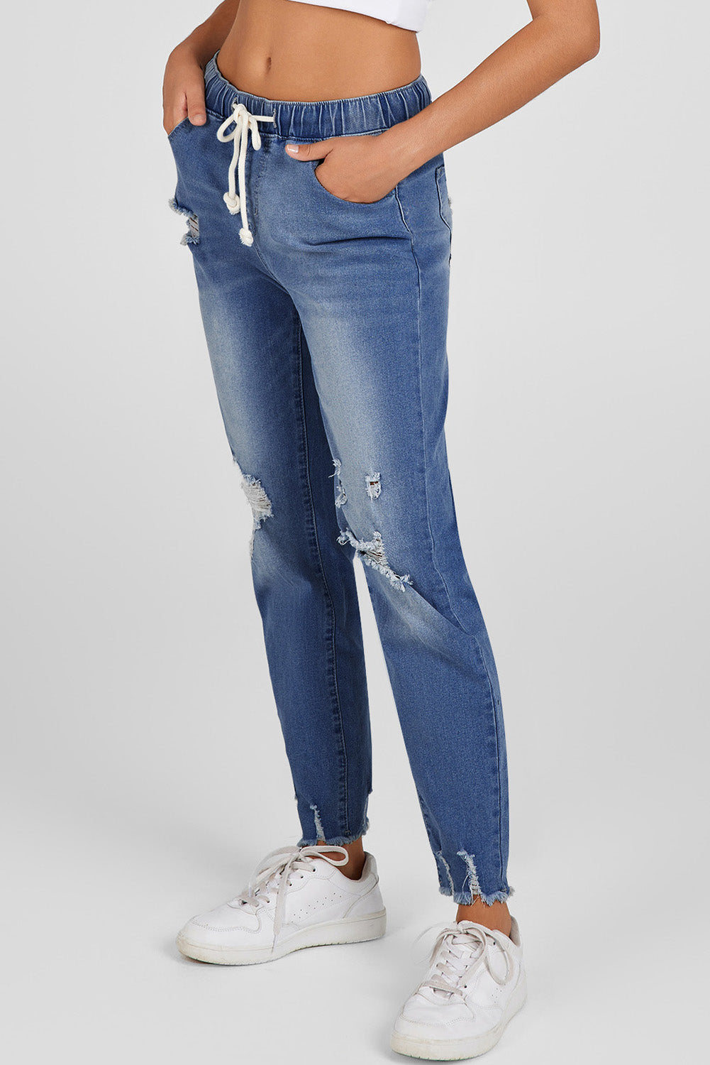 Dark Blue Elastic Waist Straight Leg Destroyed Raw Hem Jeans