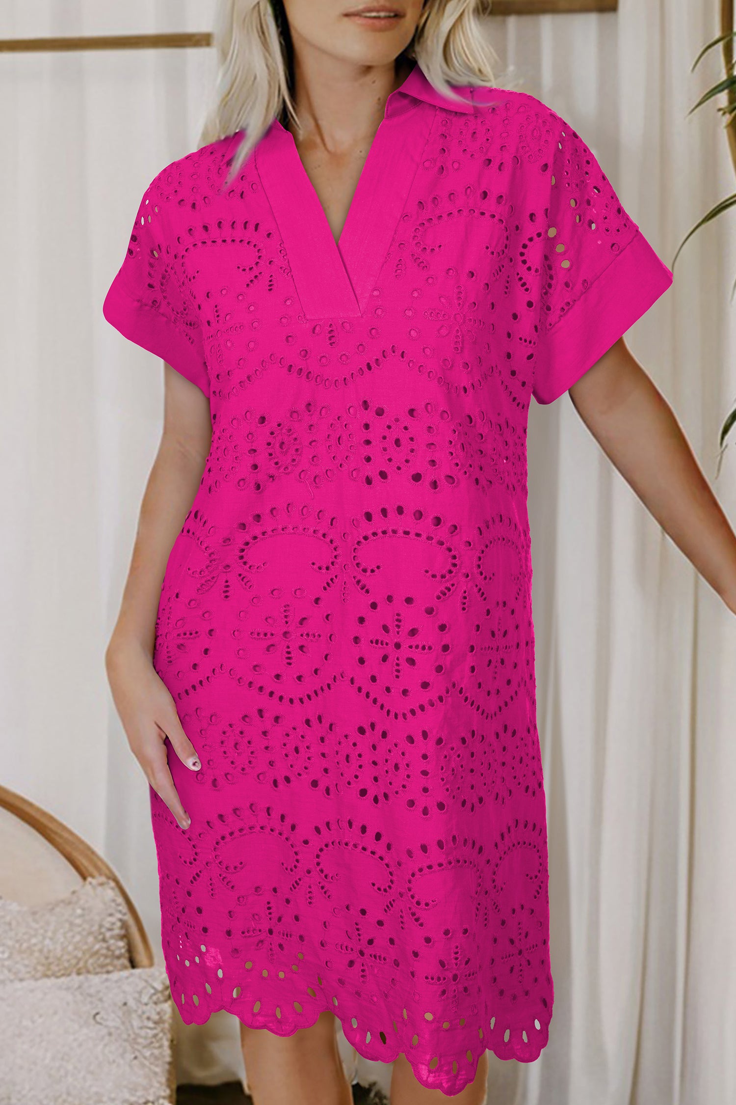 White Solid Color Eyelet Embroidered T Shirt Mini Dress