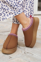 Black Faux Suede Embroidered Detail Plush Lined Platform Slippers