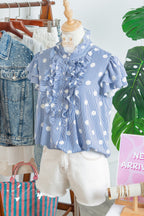 Sky Blue Stripe Contrast Polka Dot Print Pleated Ruffle Sleeve Shirt