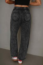 Black Mineral Wash Raw Seam Drawstring Elastic Waist Barrel Pants