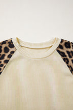 Apricot Ribbed Color Block Leopard Contrast Sleeve Loose Tee