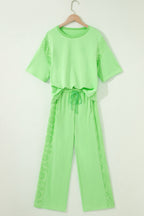 Sachet Pink Lace Patchwork Half Sleeve Top Elastic Waist Pants Two Piece Set