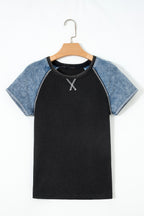 Laurel Green Waffle Knit Seam Detail Color Block Patchwork Short Sleeve Top