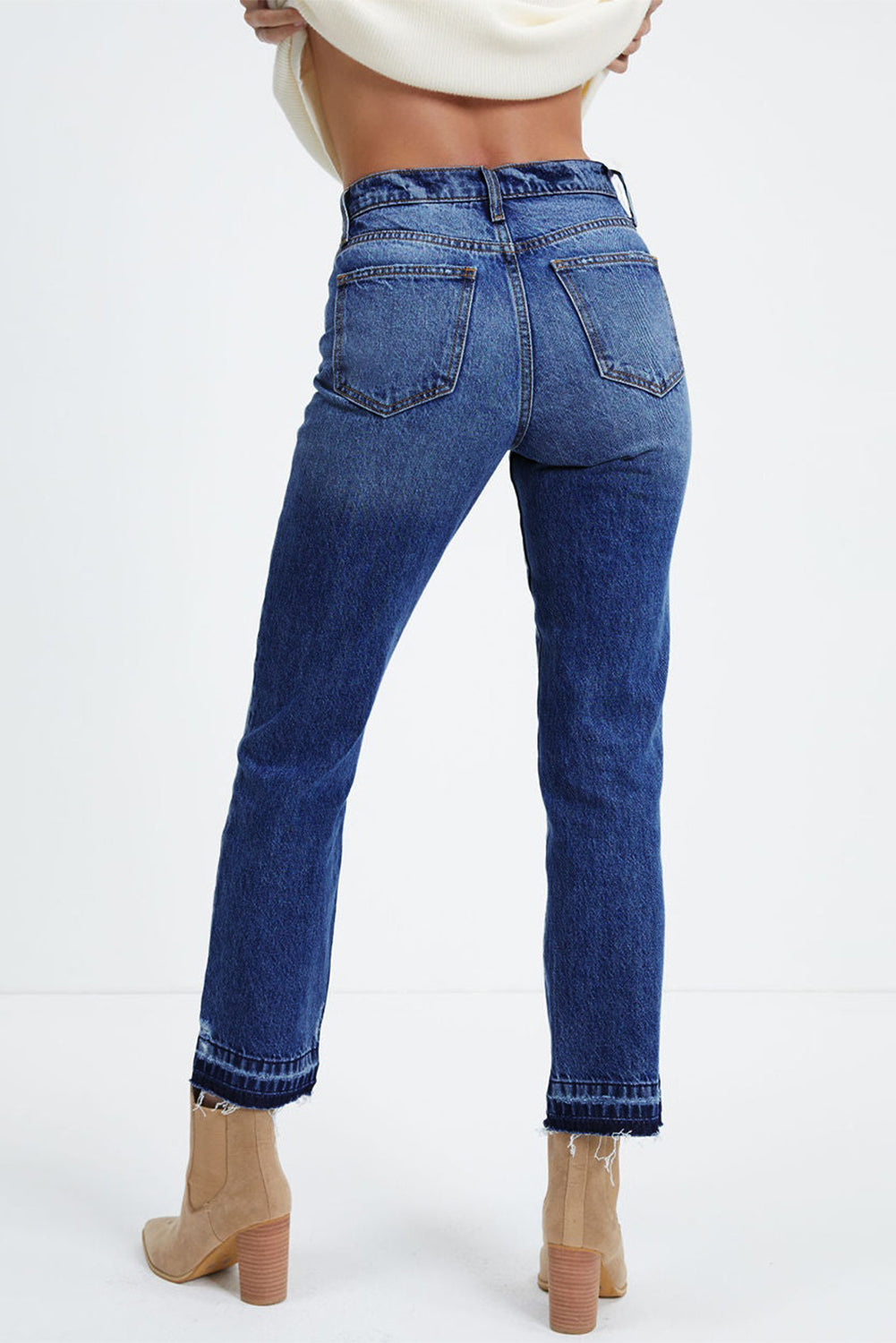 Sky Blue Whiskered Wash Raw Hem Cropped Jeans