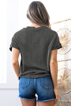 Pink Corded Knit Color Block Pocketed Crew Neck T Shirt