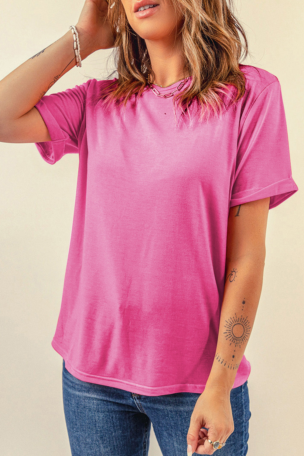 Black Casual Plain Crew Neck Tee