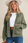 Smoke Green Patched Pocket Collared Button Front Boyfriend Denim Jacket