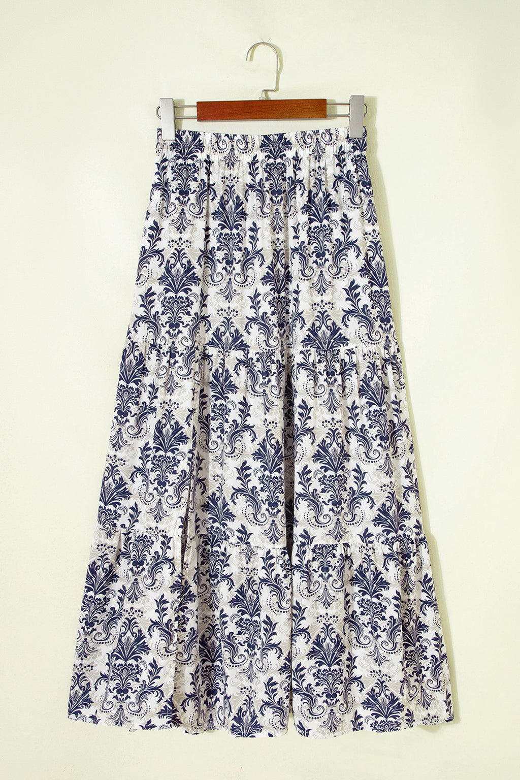 Blue Bohemian Floral Print Tiered Maxi Skirt with Split