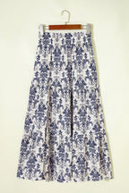 Blue Bohemian Floral Print Tiered Maxi Skirt with Split