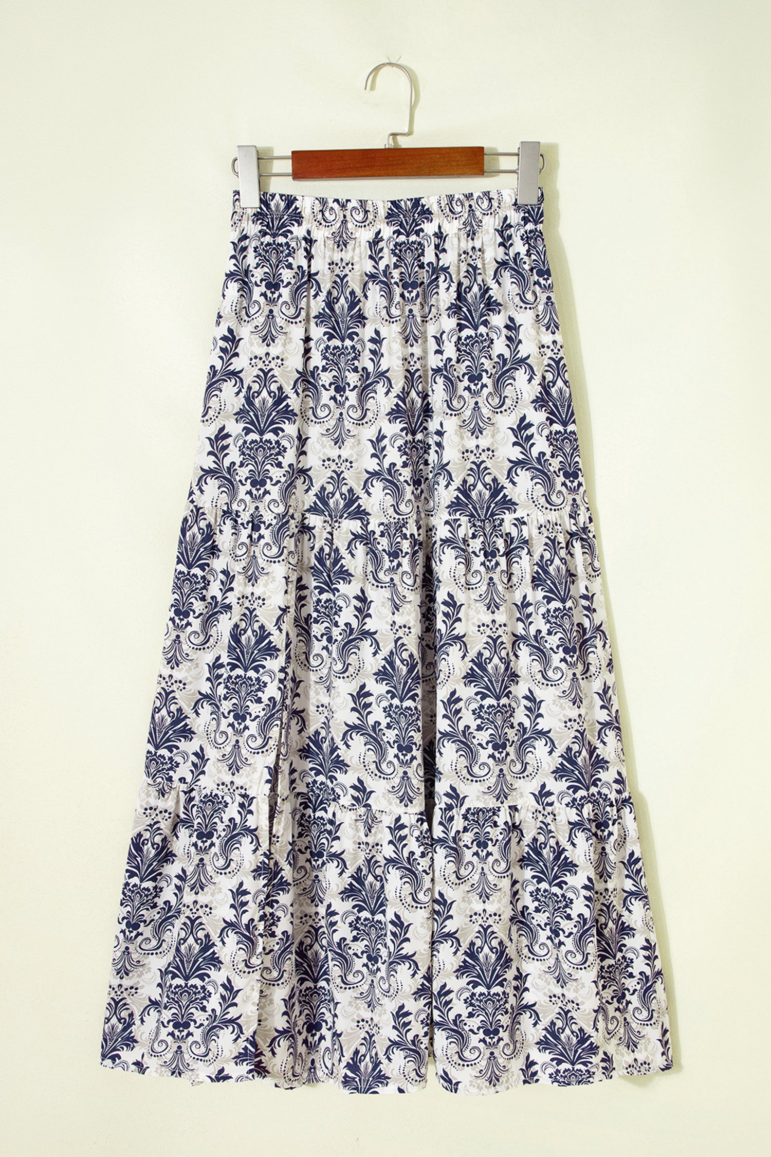 Blue Bohemian Floral Print Tiered Maxi Skirt with Split