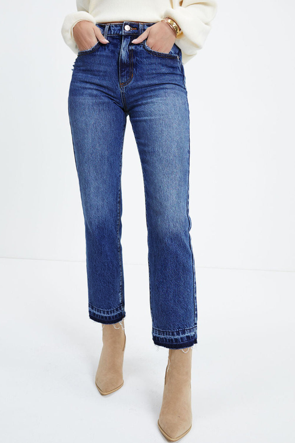 Sky Blue Whiskered Wash Raw Hem Cropped Jeans