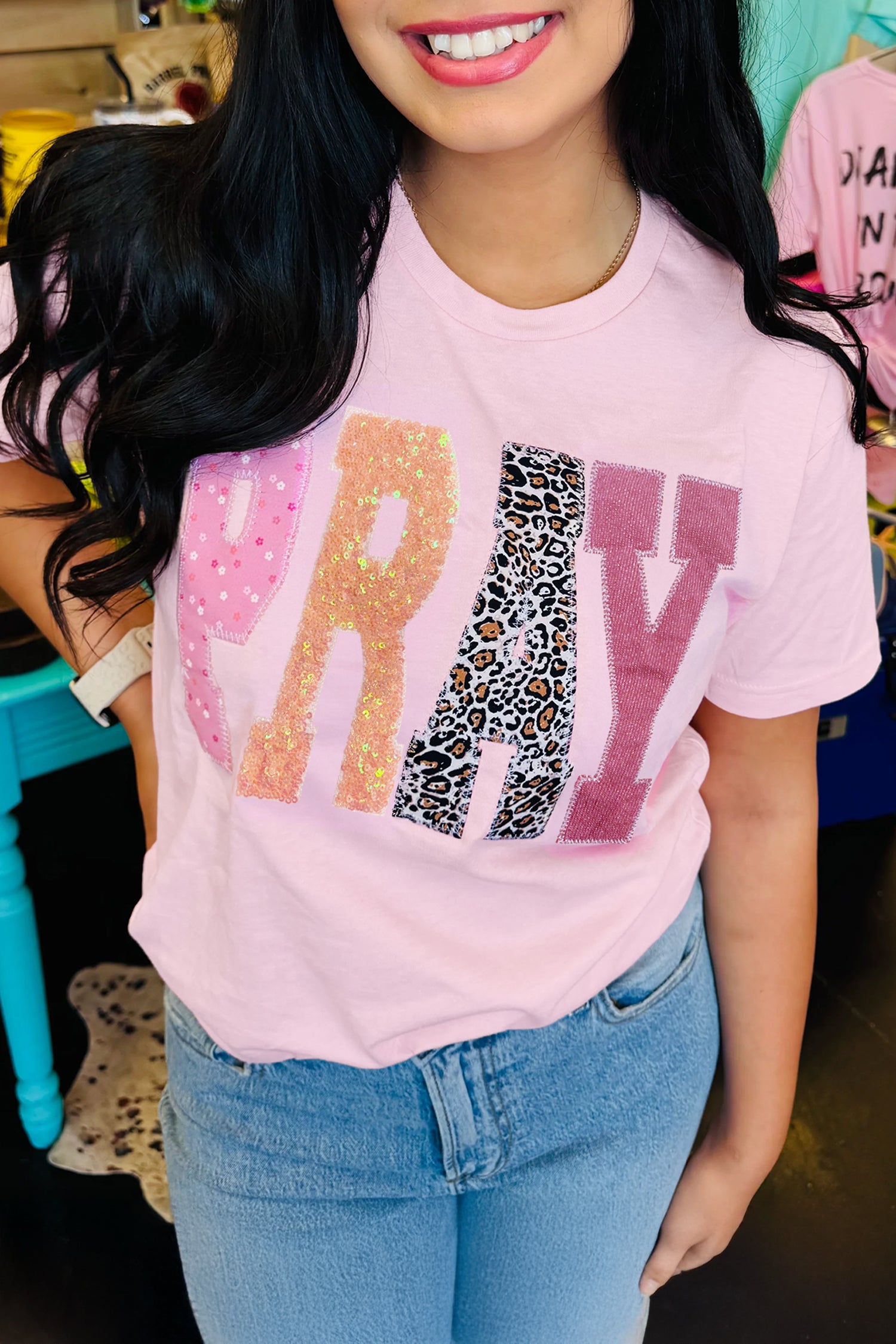 Pink PRAY Sequin Leopard Multiple Patched Graphic Tee