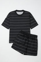 White Stripe Half Sleeve Tee Drawstring Shorts 2pcs Set