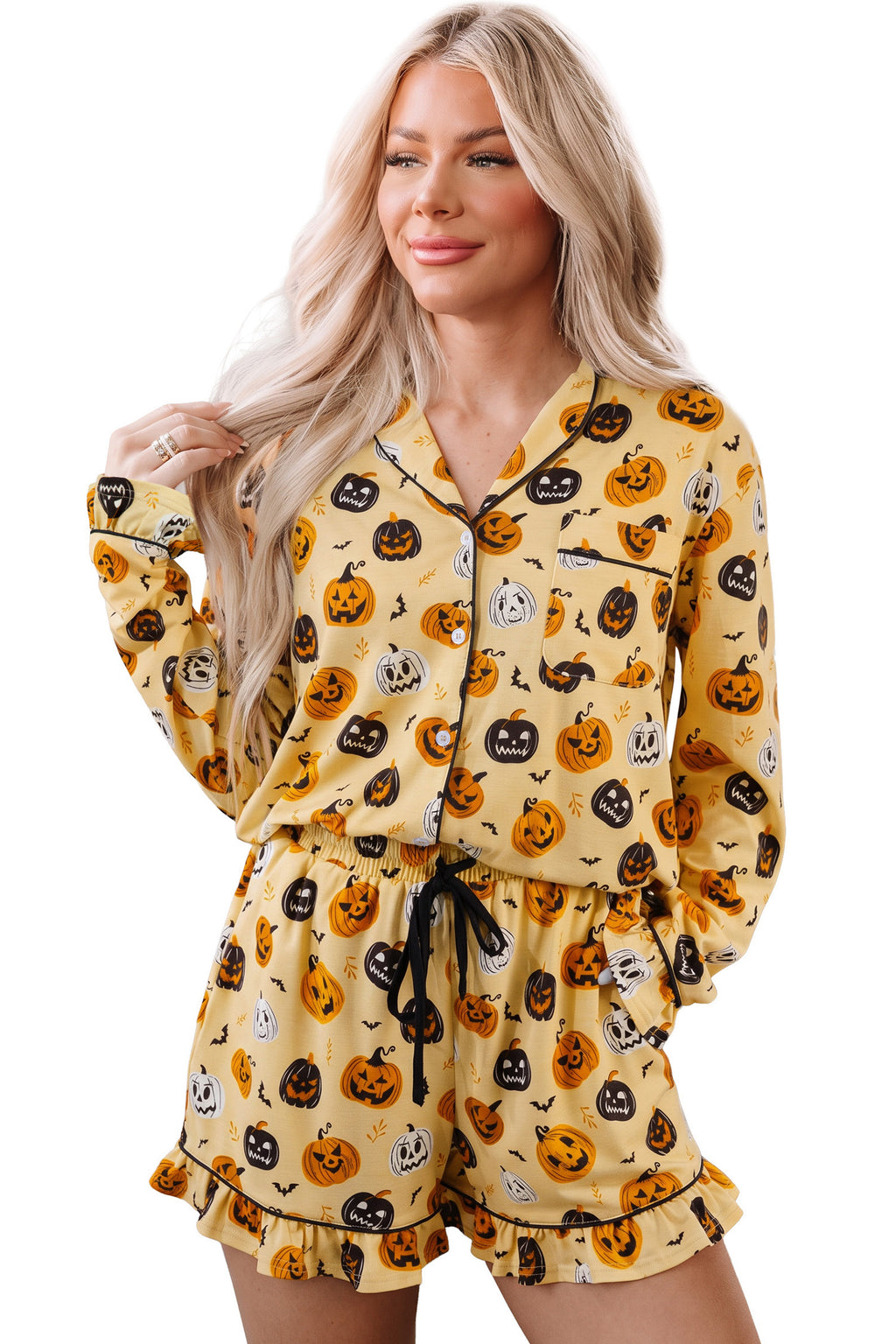 Orange Long Sleeve Ruffle Pumpkin Face Print Two Piece Lounge Set