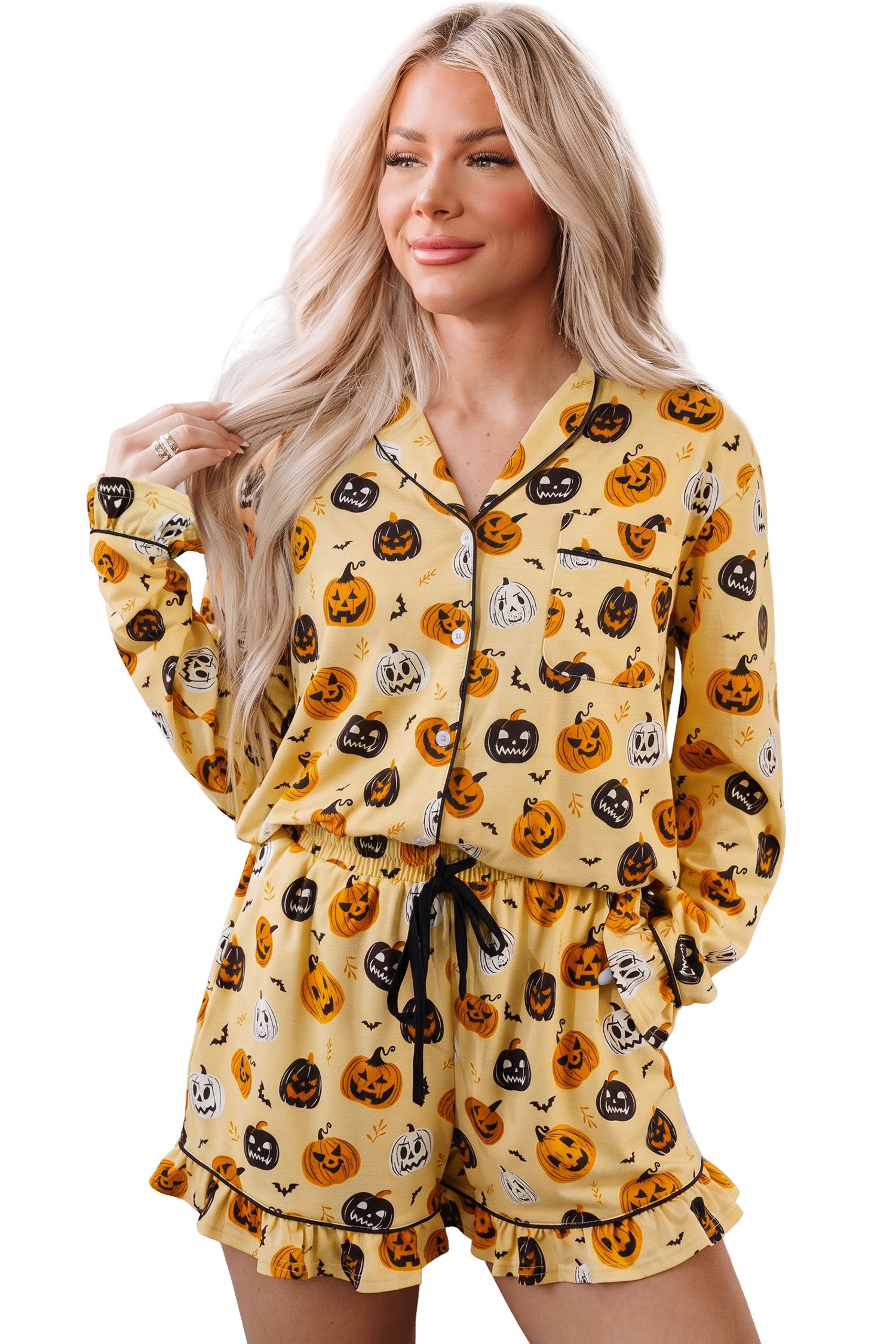 Orange Long Sleeve Ruffle Pumpkin Face Print Two Piece Lounge Set