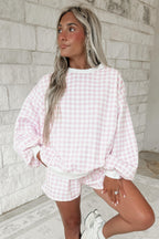 Pink Plaid Baggy Pullover Drawstring Casual Shorts 2pcs Outfit