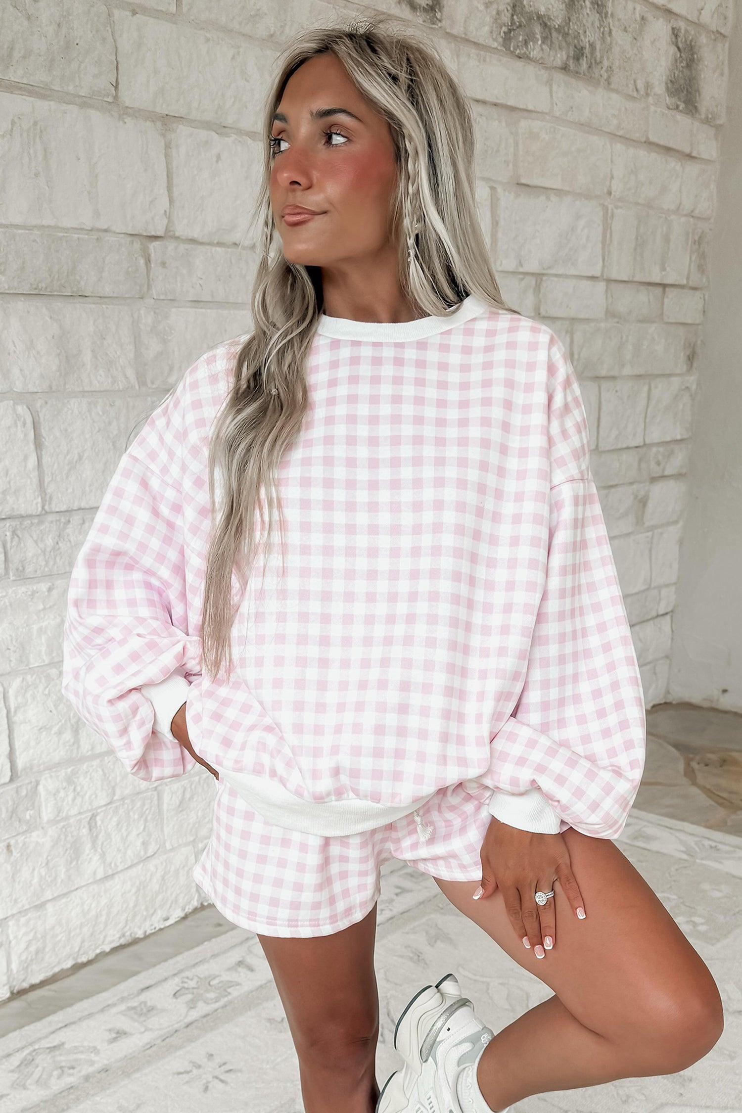 Pink Plaid Baggy Pullover Drawstring Casual Shorts 2pcs Outfit