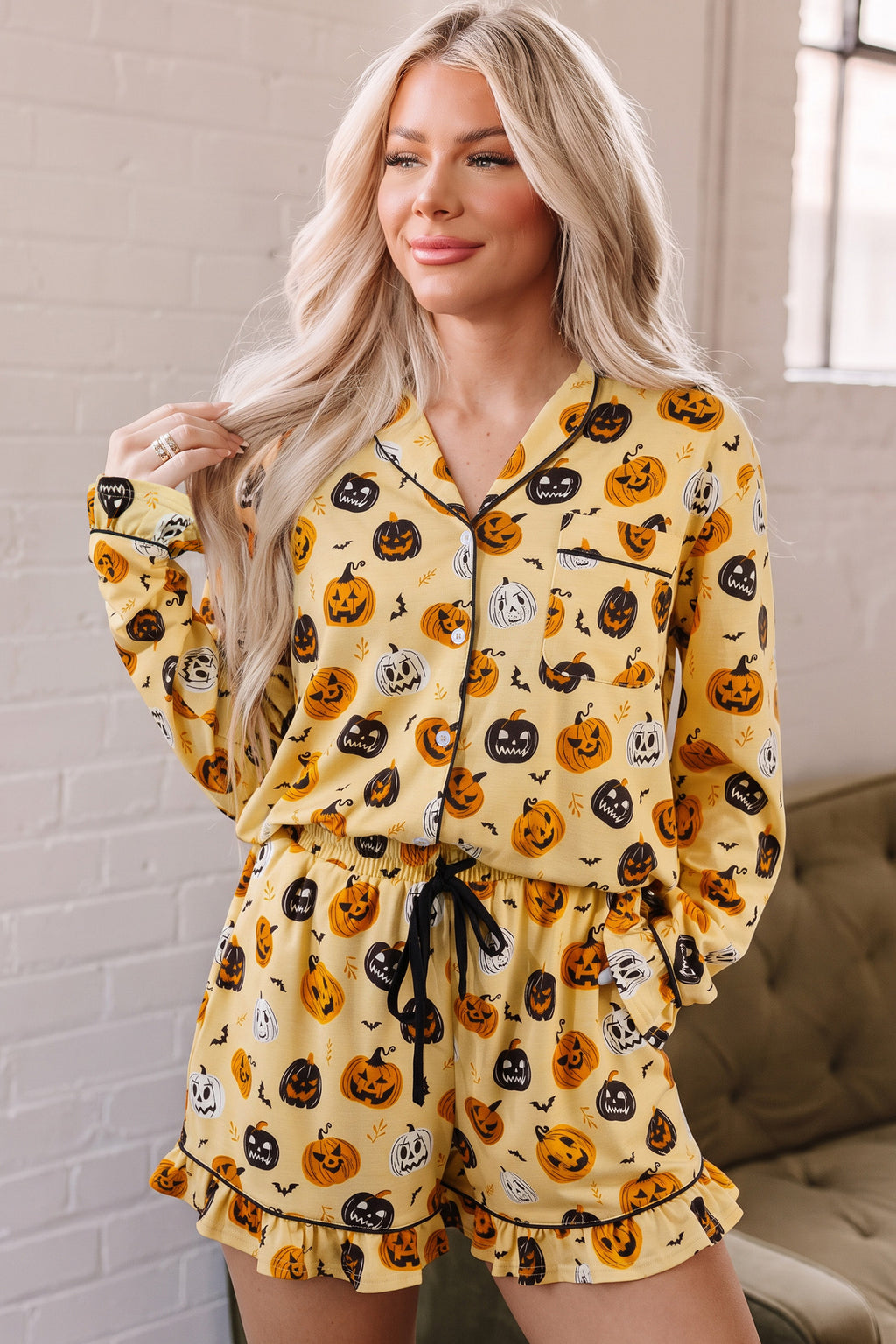 Orange Long Sleeve Ruffle Pumpkin Face Print Two Piece Lounge Set