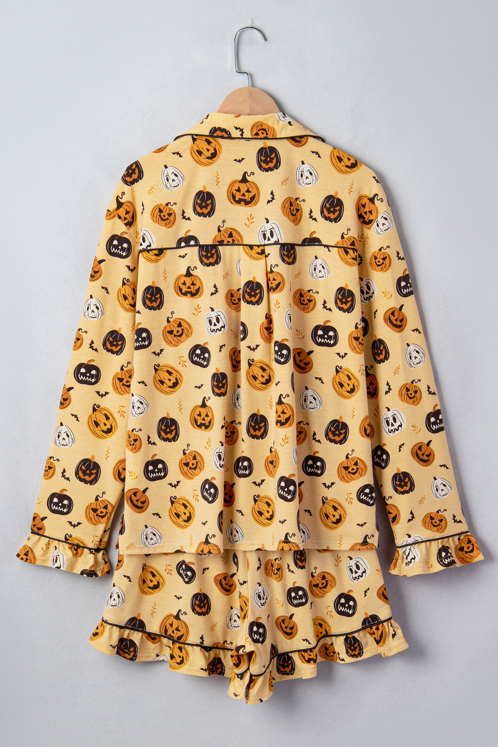 Orange Long Sleeve Ruffle Pumpkin Face Print Two Piece Lounge Set