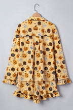 Orange Long Sleeve Ruffle Pumpkin Face Print Two Piece Lounge Set