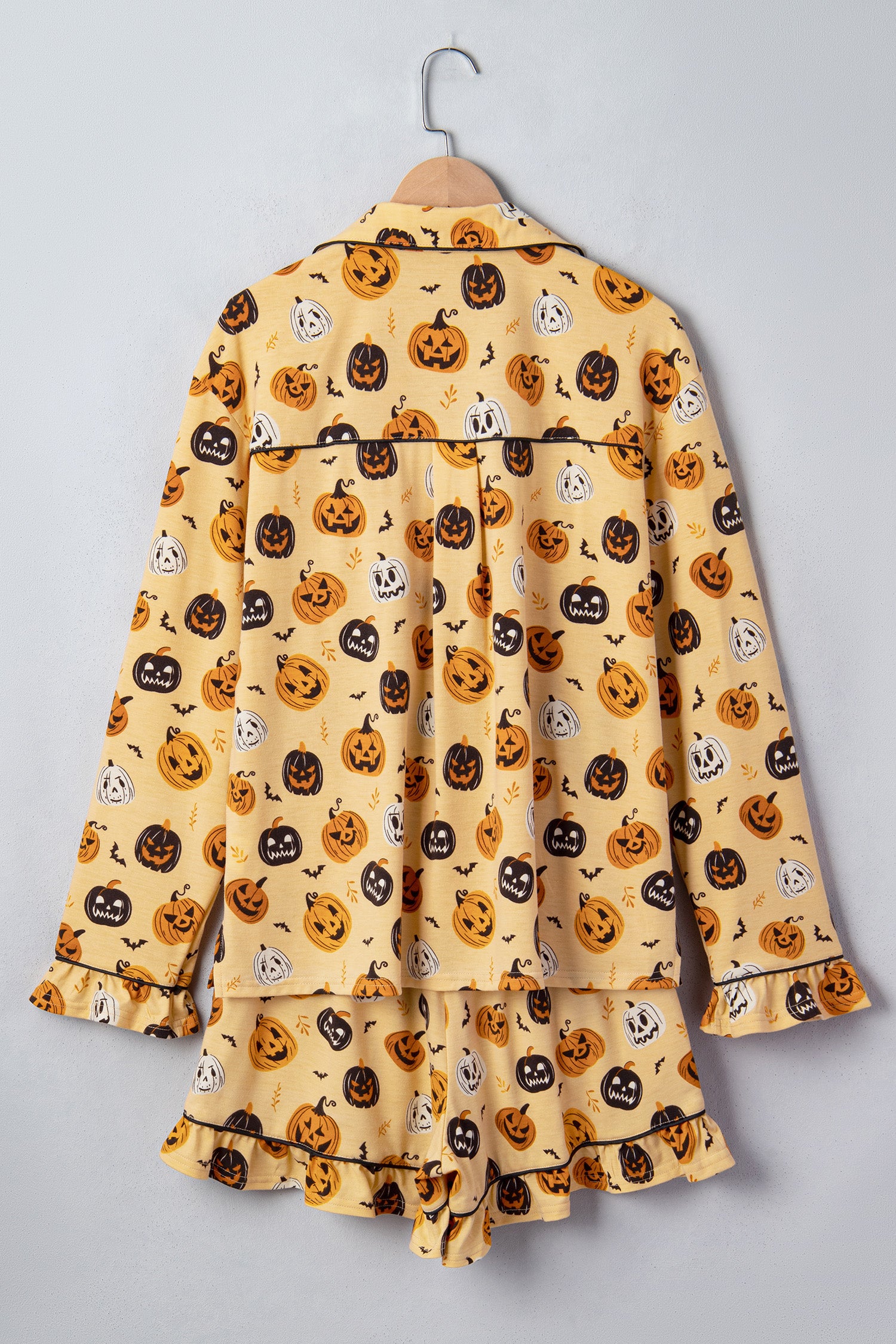 Orange Long Sleeve Ruffle Pumpkin Face Print Two Piece Lounge Set