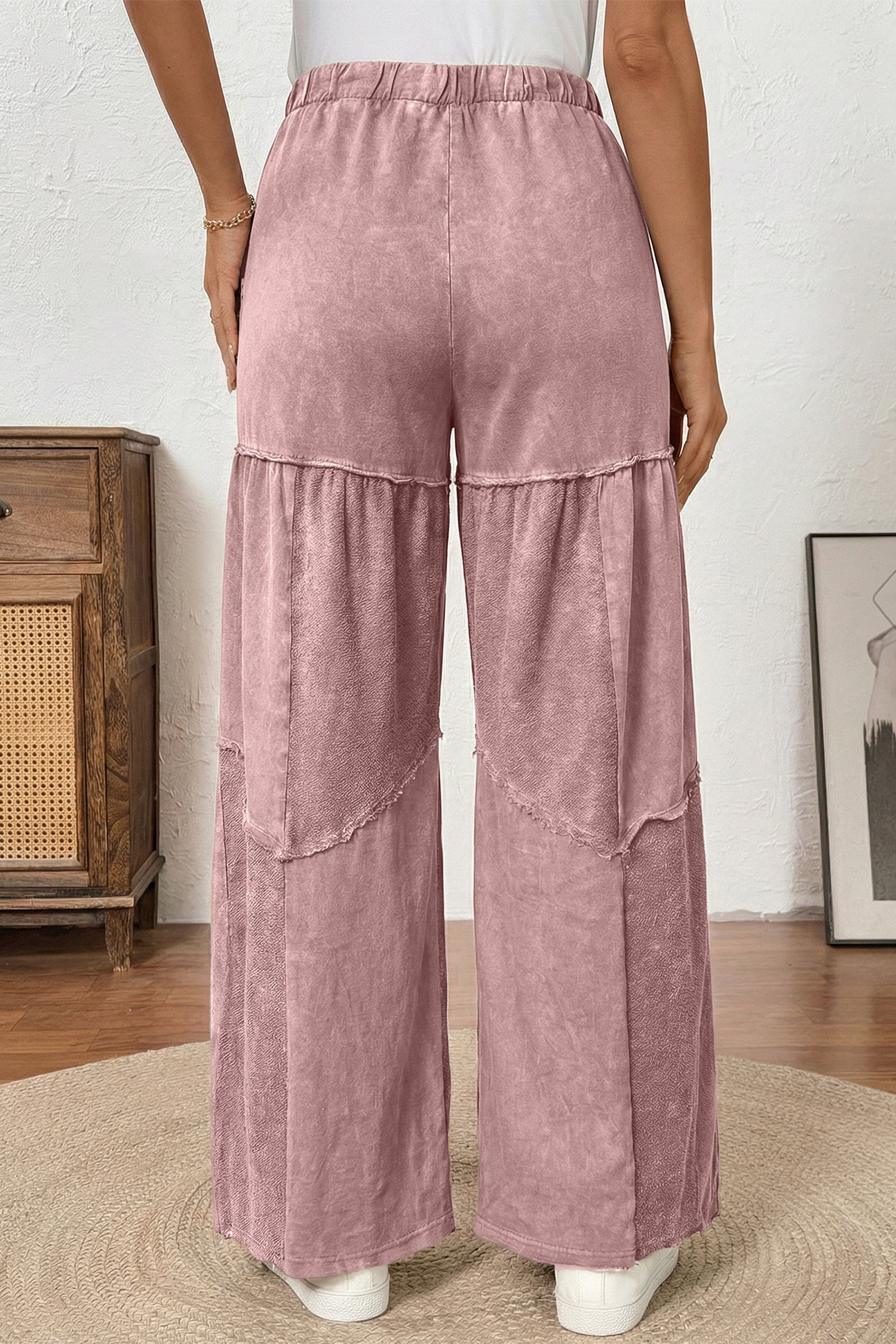 Black Mineral Wash Tiered Wide Leg Patchwork Drawstring Pants