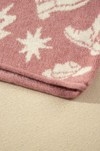 Peach Blossom Western Print Drop Shoulder Round Neck Long Sleeve Sweater